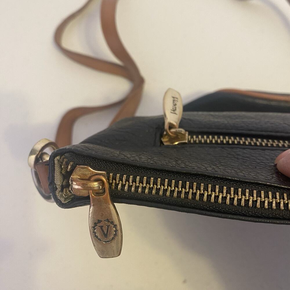 Valentina Logo Pebbled Black Brown Trim Leather Crossbody Bag Purse Italy Made - Picture 6 of 14